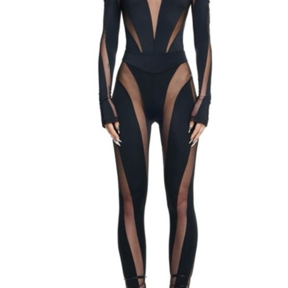 Mugler Black and Nude Mesh Panel Leggings